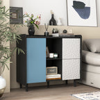 Gabinet de buffet, armario negro con puertas azules, 2 cajones con panel único y 2 compartimientos de almacenamiento abiertos, gabinete de bar de café moderno, armario de acento para la cocina, comedor