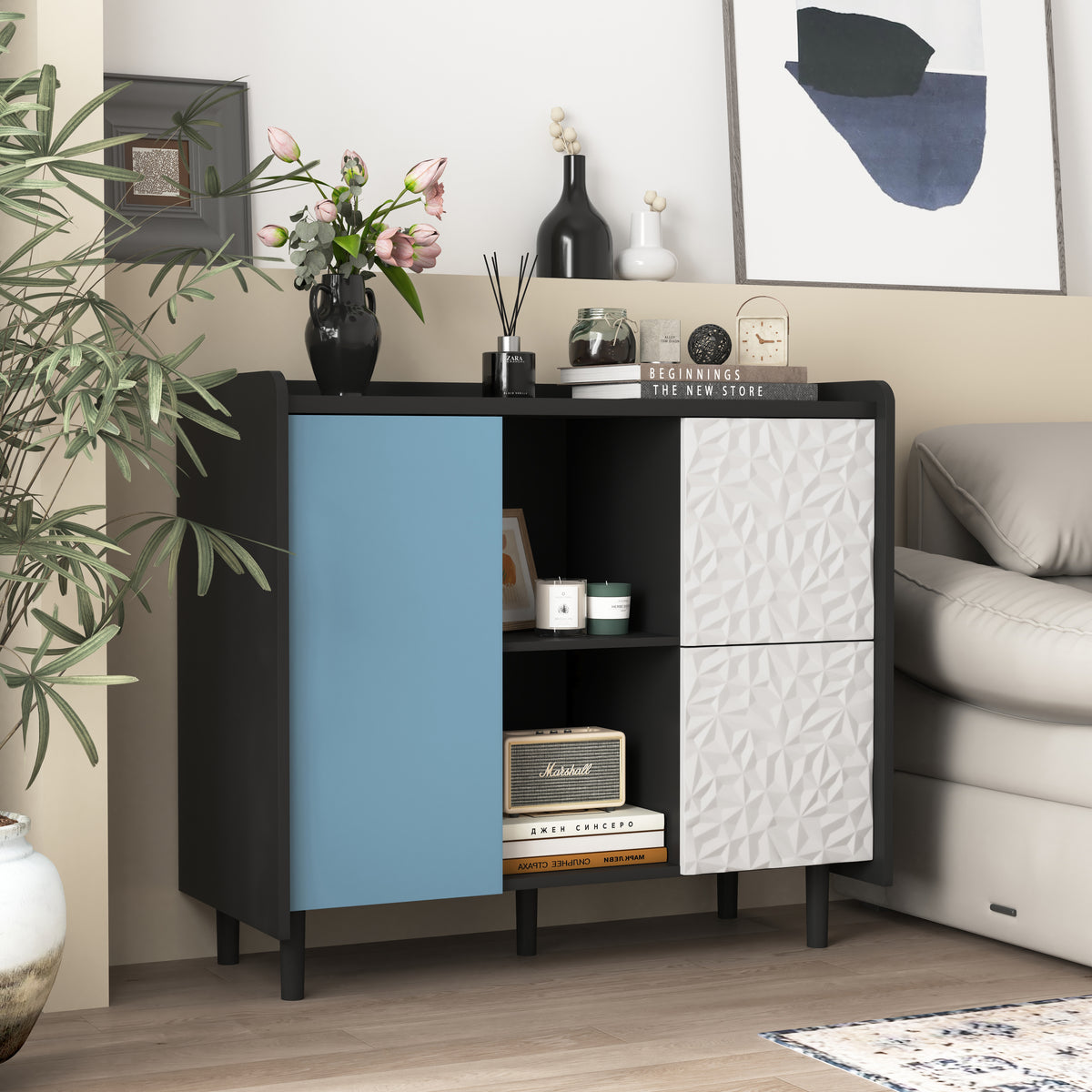 Gabinet de buffet, armario negro con puertas azules, 2 cajones con panel único y 2 compartimientos de almacenamiento abiertos, gabinete de bar de café moderno, armario de acento para la cocina, comedor