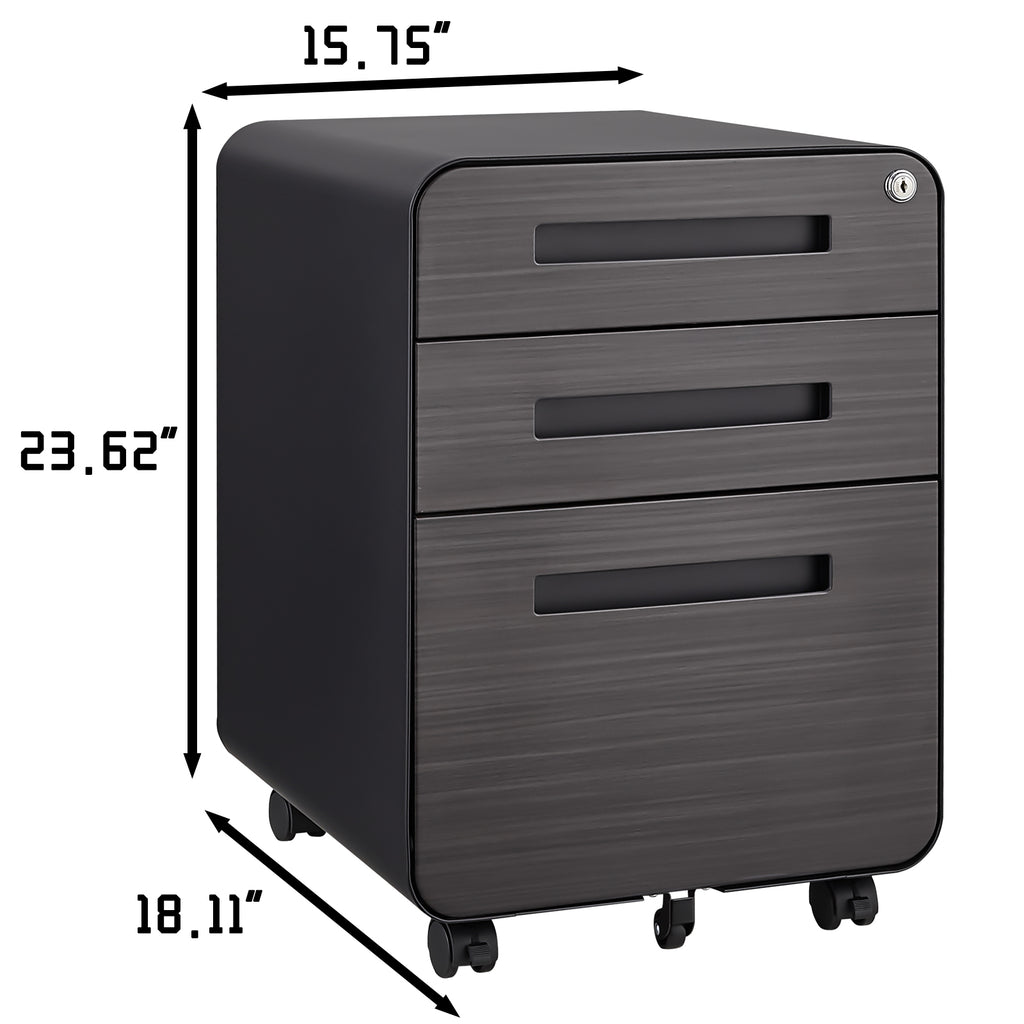 Caja de archivos móvil de 3 cajones para debajo de la mesa de oficina, negra. Almacenamiento moderno y versátil para archivos legales/cartas/A4, diseño anti-derrumbe con 5 ruedas, acero laminado frío, resistente al agua y a la humedad