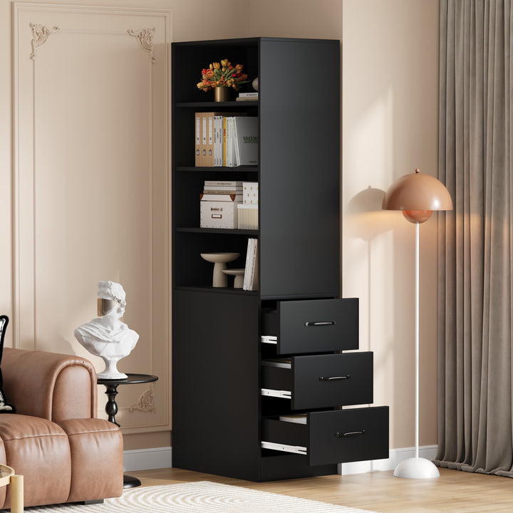 180 cm hoch, extra schmales Bücherregal mit seitlichen Schubladen - verstellbare Fachböden, links und rechts montierbar, geeignet für kleine Räume - Sideboard, hohes Wohnzimmerregal, Bücherregal