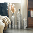 Set de 3 Vasos de Piso con Estampado de Olas, Color Plata (50/66/83 cm) - Grandes Vasos Decorativos de Metal como Cubiertos para Plantas, Decoración para Salón y Pasillo en Estilo Moderno