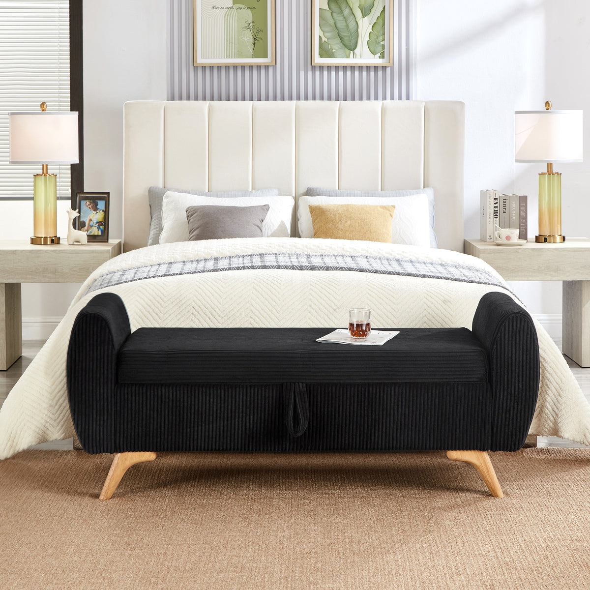 Banco de silla plegable con espacio de almacenamiento y patas de madera – 145×51×57 cm, para dormitorio, sala de estar y pasillo