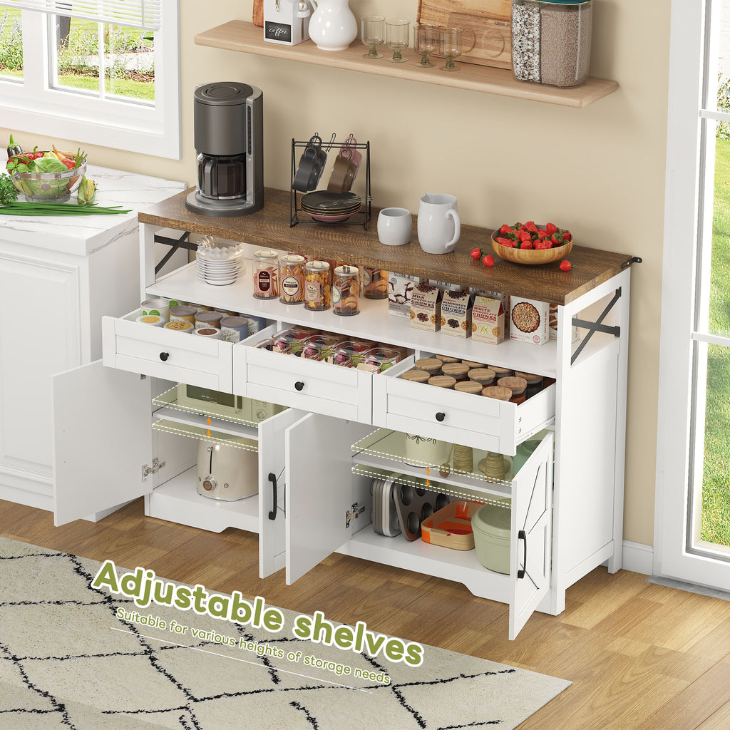 Buffet de 140 cm con espacio de almacenamiento, barra de café con 3 cajones, consola en estilo rústico con puertas, armarios con tablones de empotramiento, adecuado para la cocina, el salón, el vestíbulo, estilo rústico blanco/marrón