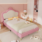 Cama de Colchón, Cama para Niños, con Bordes Suaves de Protección, Parte Superior de la Cama con Corona, Patas de la Cama de Metal, Perfil Elegante de la Parte Superior de la Cama de Colchón, Cama Individual, PU, Rosa + Blanco, 90x200cm