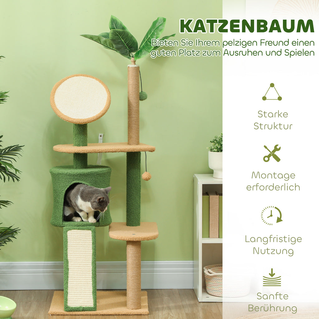 Arbol de gatos de 139 cm con cueva para gatos, pelota de juego, árbol de gatos con postes de rascar, para gatos de hasta 5 kg, color verde