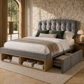 Cama Doble 140x190 cm de Lana Gris con Cajones y Cabecero Regulable – Sin Colchón