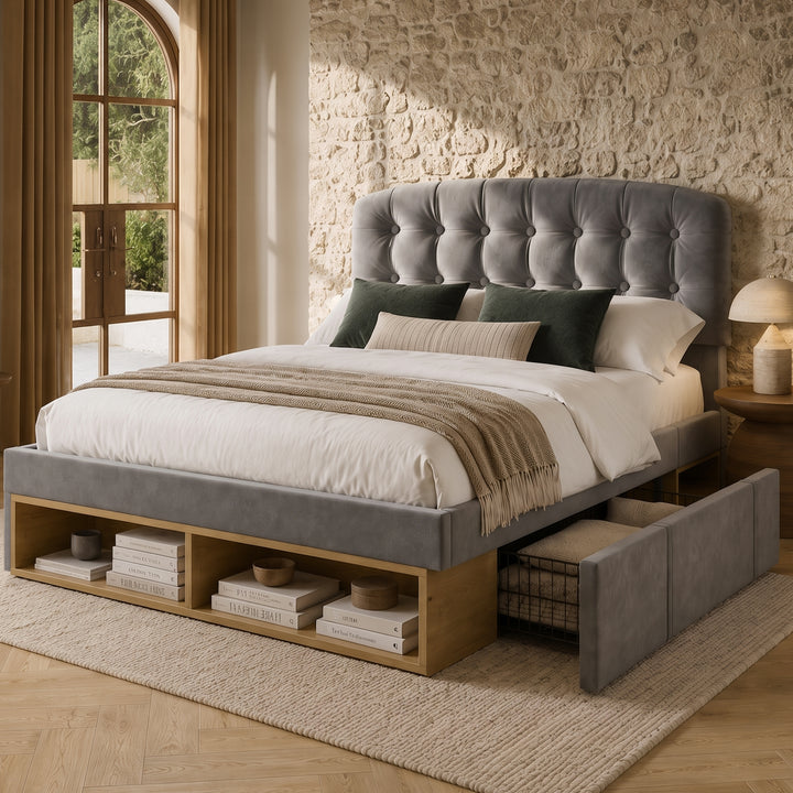 Grey Wool Double Bed 140x190 cm with Drawers and Adjustable Headboard – Mattress Not Included