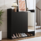 Zapatero con estructura vertical rayada negra, zapatero para el vestíbulo con espejo corporal, estante de zapatillas con capacidad de almacenamiento grande