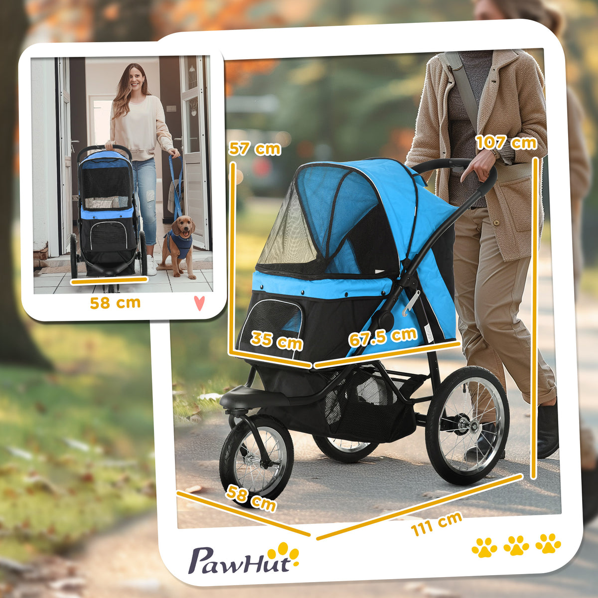 Hundebuggy, carro para perros con reflectores, plegable, cesto de almacenamiento, protección solar, ventanas de red, Oxford, azul