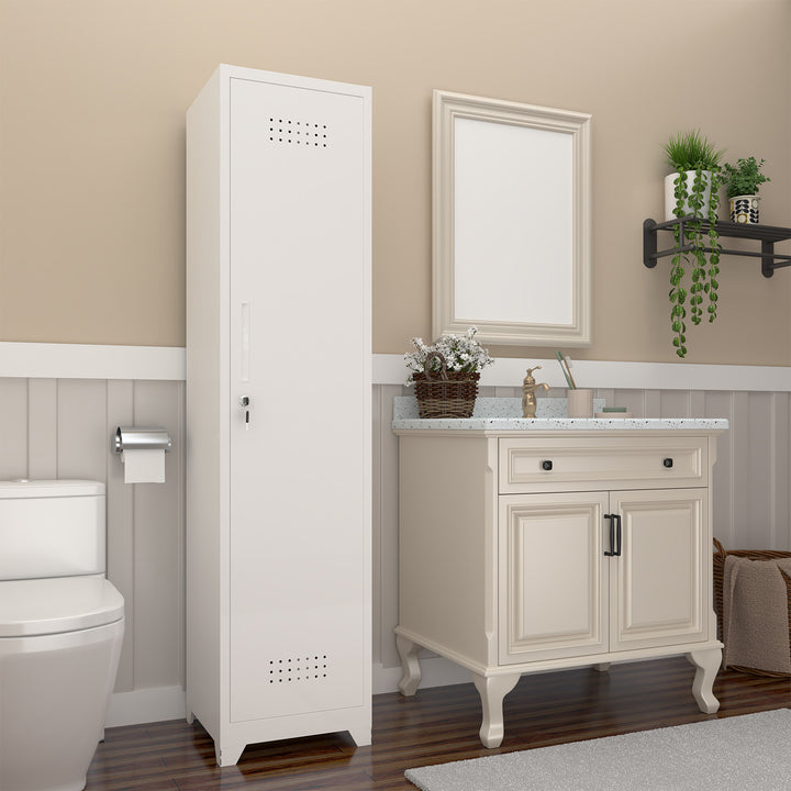 Gabineté de almacenamiento para limpieza de metal esbelto y blanco con puerta cerradora, estantes y barra de colgado, 65" de alto, organizador de utilidades para la cocina, despensa, oficina, taller y garaje