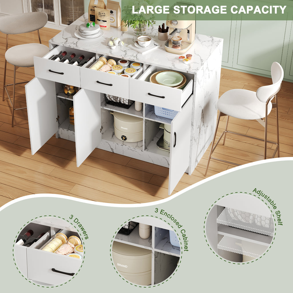Gran isla de cocina de 120 x 60 x 90,5 cm, 3 cajones y 3 puertas, diseño de mármol blanco, soportes de empotramiento ajustables, cajones silenciosos, diseño de barbería - Accesorios para la cocina elegantes y prácticos