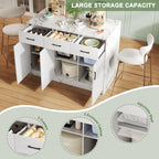 Gran isla de cocina de 120 x 60 x 90,5 cm, 3 cajones y 3 puertas, diseño de mármol blanco, soportes de empotramiento ajustables, cajones silenciosos, diseño de barbería - Accesorios para la cocina elegantes y prácticos