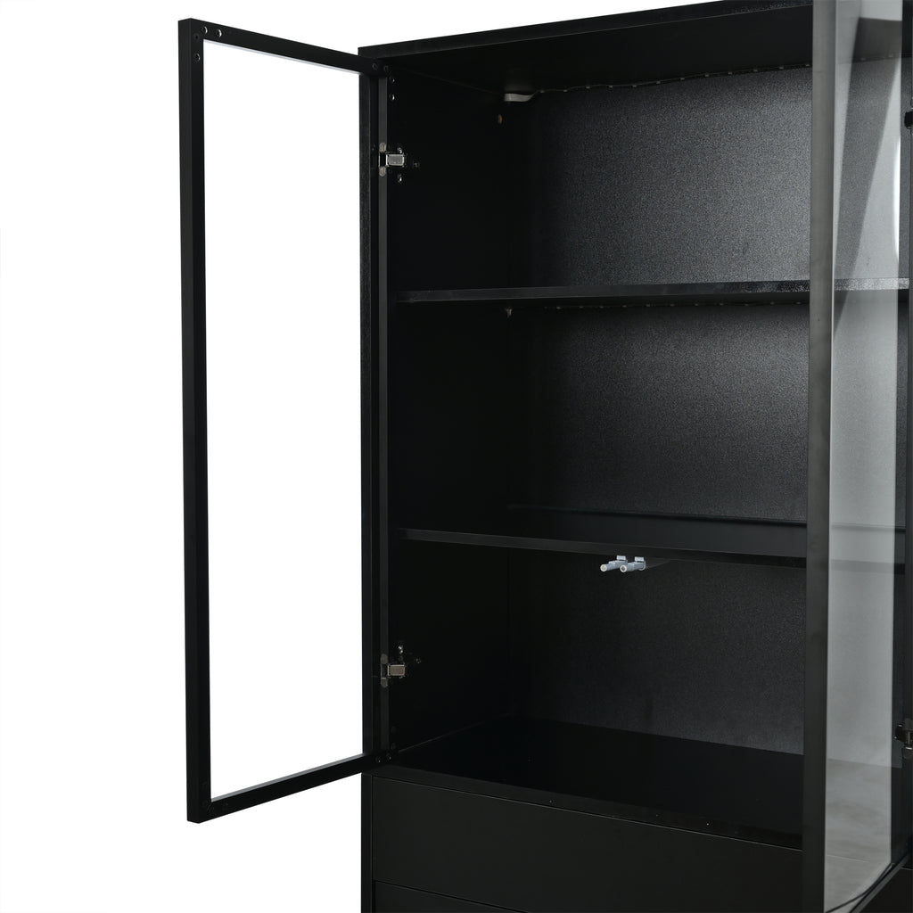 Vitrina LED de 70×34×180cm con 2 cajones, armario alto con puertas de vitrina, armario de salón con LED, armario para el salón, cocina, oficina, entrada, negro