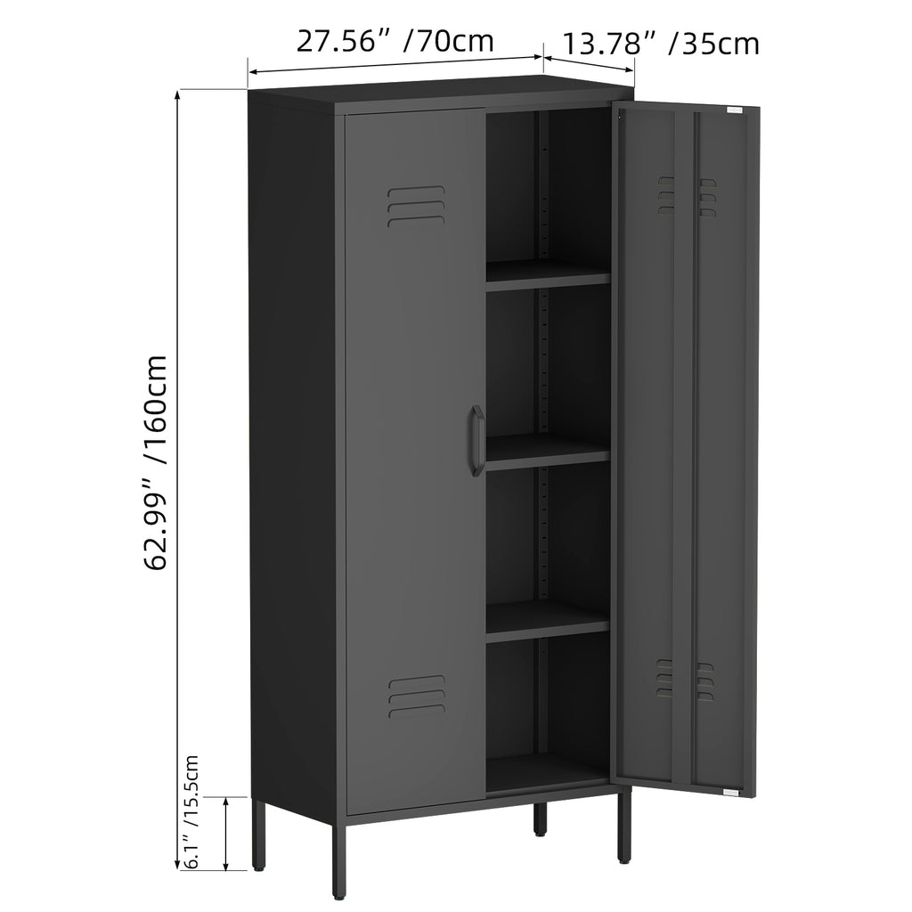 Gabinet de almacenamiento metálico alto negro con 2 puertas y estantes ajustables, gabinete multifuncional para oficina, cuarto de utilidades y garaje