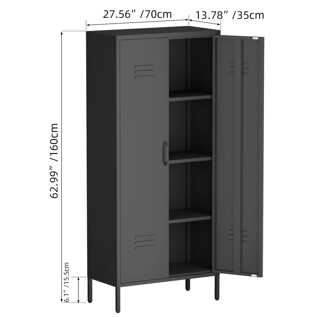Gabinet de almacenamiento metálico alto negro con 2 puertas y estantes ajustables, gabinete multifuncional para oficina, cuarto de utilidades y garaje