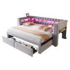 Sofá cama con cojines 90/180 × 190 cm, con cama extraíble y cajones, estantes integrados, iluminación LED, conectores USB y Typ-C, tela de seda gris claro