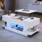 Mesón de Sofá con Luz LED y Placa Elevable – 98×45×40 cm, Blanco con Almacenamiento Oculto