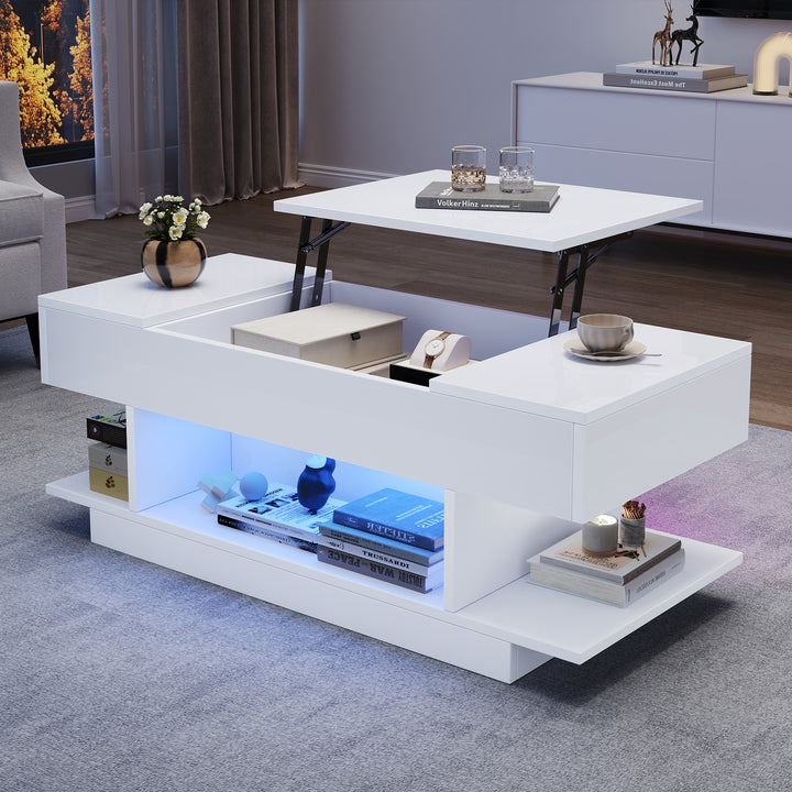 Couchtisch mit LED-Licht und höhenverstellbarer Tischplatte – 98 × 45 × 40 cm, Weiß mit verstecktem Stauraum