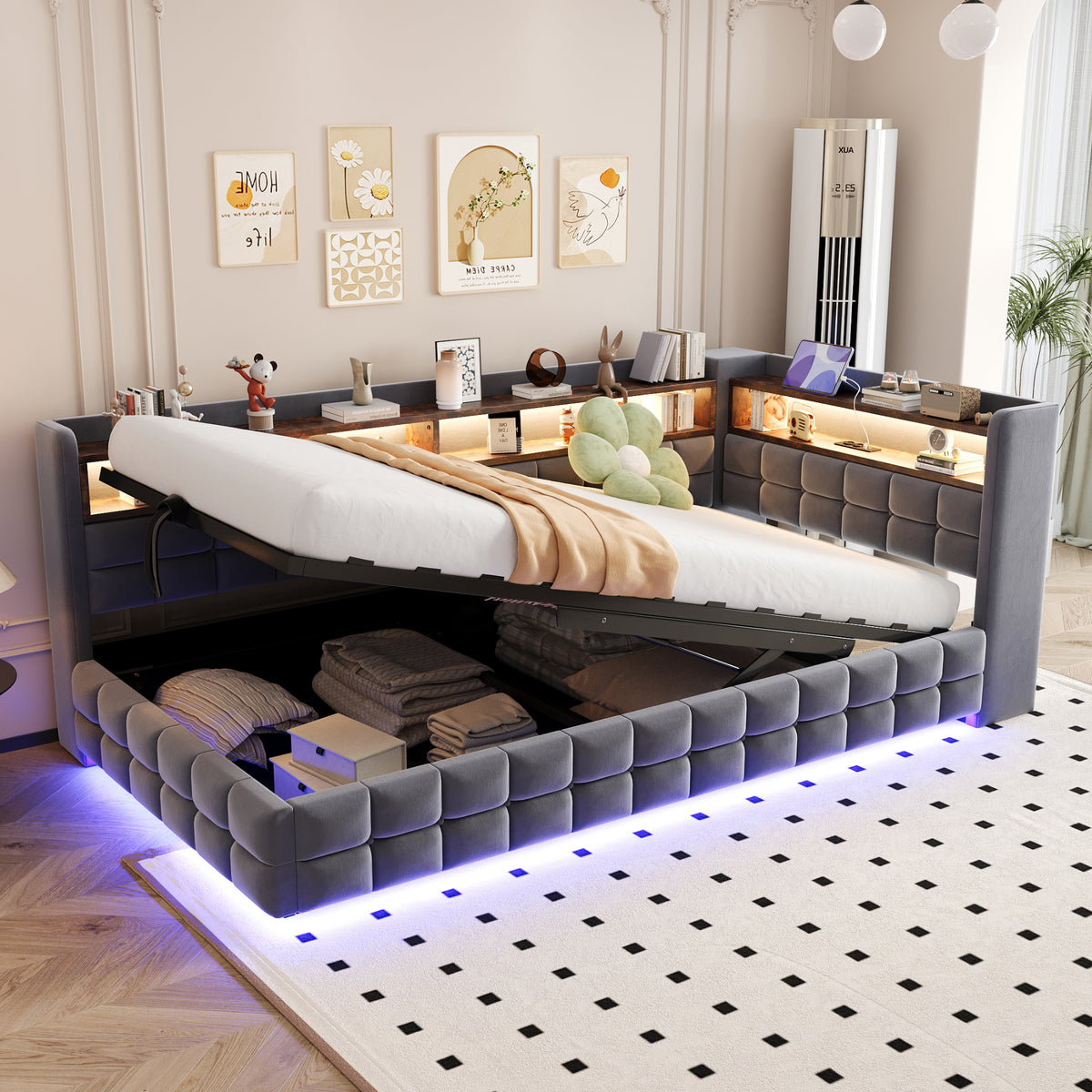 Sofa cama poltrona multifuncional 90 × 200 cm, con espacio de almacenamiento hidráulico, estante de madera, tira de luz LED, toma de corriente, conectores de carga USB y Type-C, soporte de armazón de madera, material de terciopelo gris oscuro