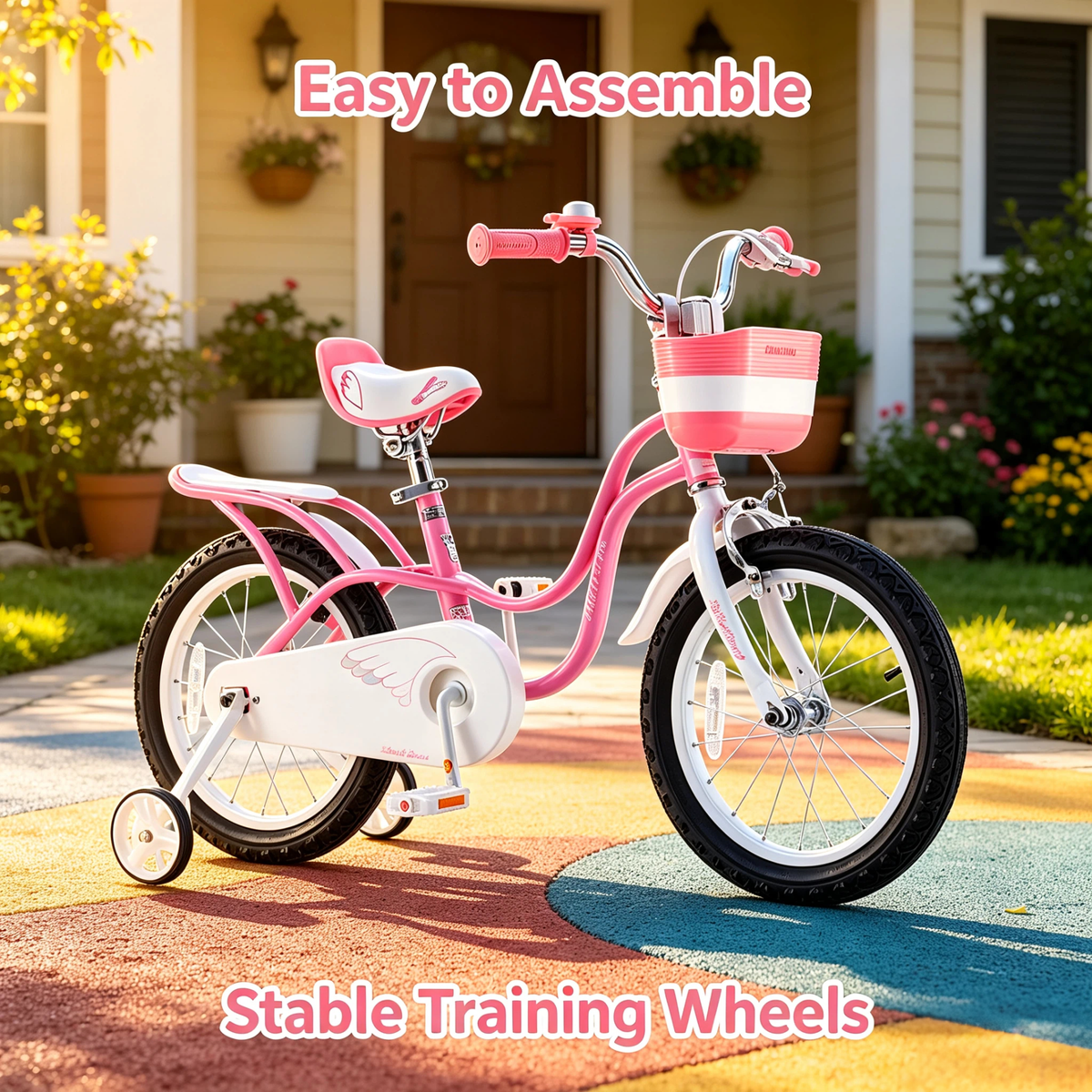 Bicicleta para Niñas y Niños de Color Rosa y Blanco, Segura y Ligera con Ruedas de Entrenamiento