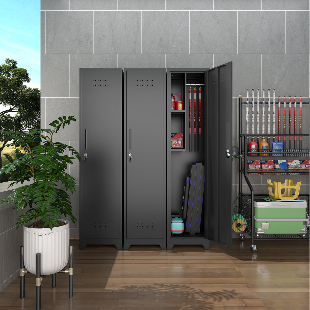 Gabinet de almacenamiento para limpieza de metal negro y esbelto con puerta cerradora, estantes y barra de colgado, organizador de utilidades de 65" de alto para cocina, despensa, oficina, taller y garaje
