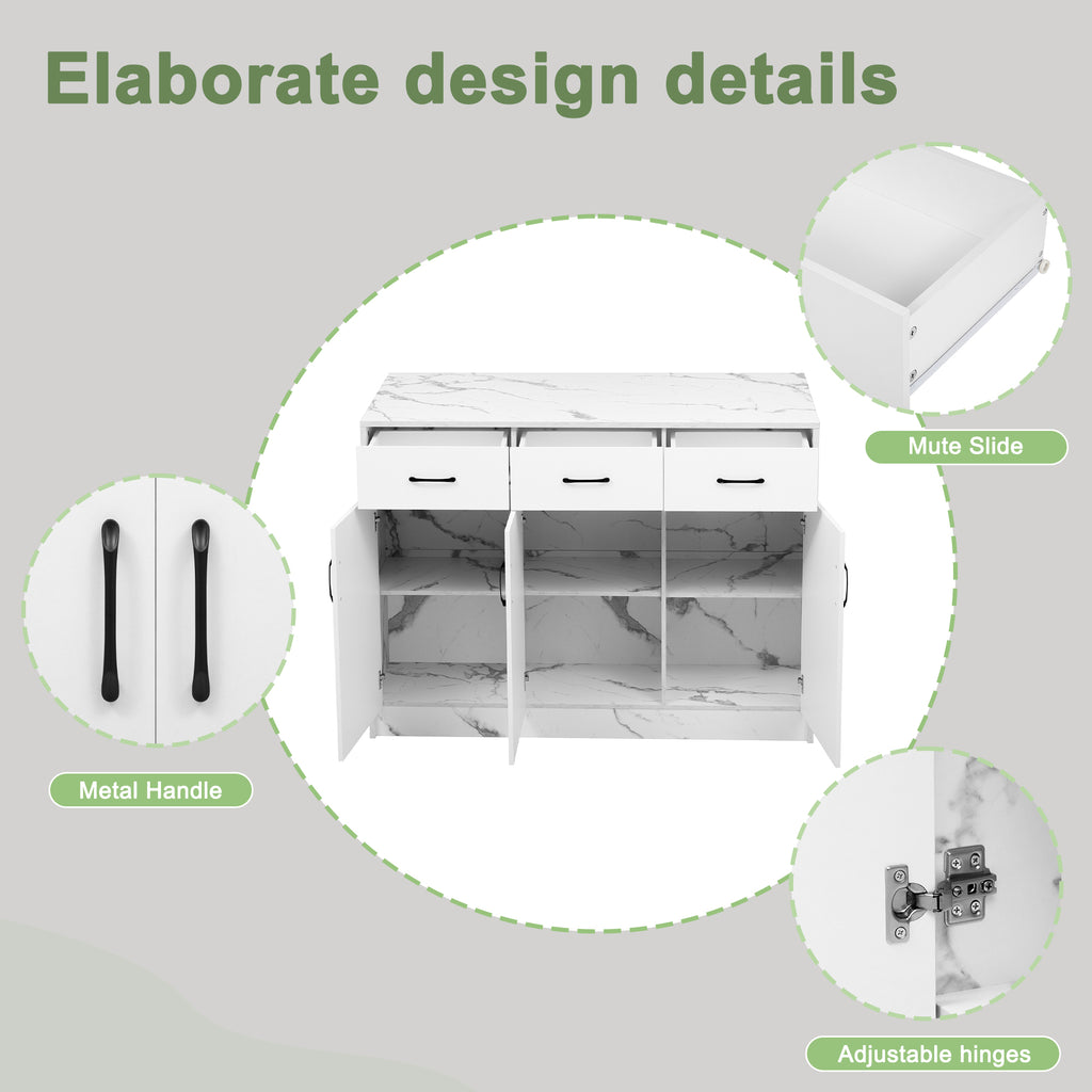 Gran isla de cocina de 120 x 60 x 90,5 cm, 3 cajones y 3 puertas, diseño de mármol blanco, soportes de empotramiento ajustables, cajones silenciosos, diseño de barbería - Accesorios para la cocina elegantes y prácticos