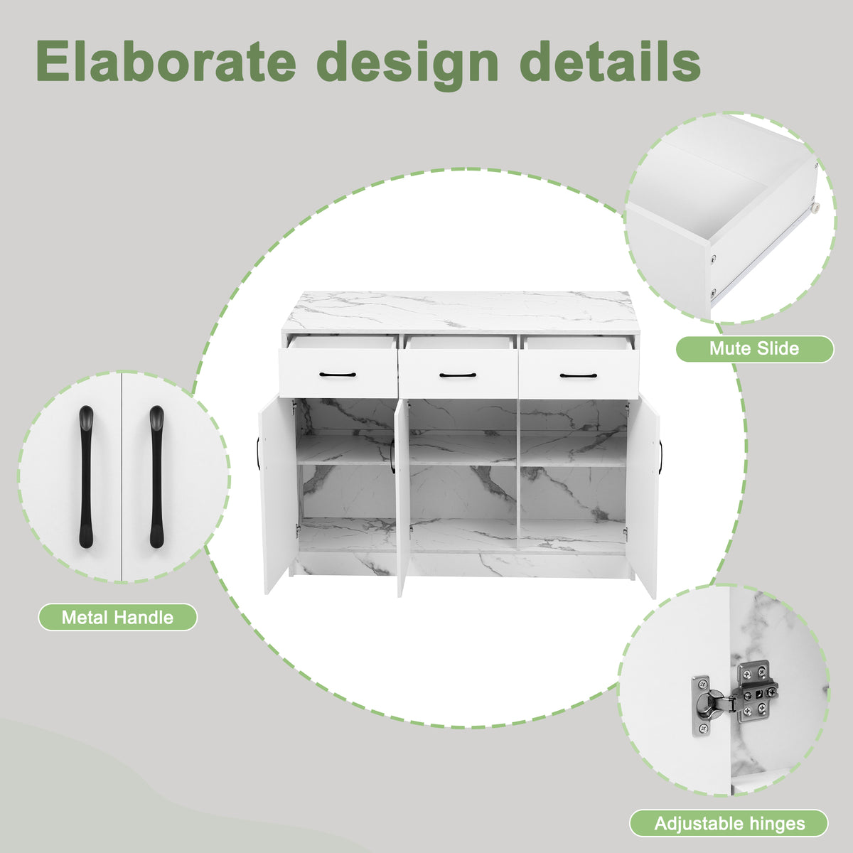 Gran isla de cocina de 120 x 60 x 90,5 cm, 3 cajones y 3 puertas, diseño de mármol blanco, soportes de empotramiento ajustables, cajones silenciosos, diseño de barbería - Accesorios para la cocina elegantes y prácticos