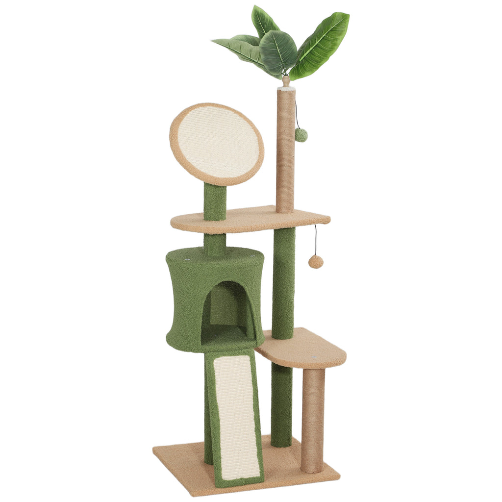 Arbol de gatos de 139 cm con cueva para gatos, pelota de juego, árbol de gatos con postes de rascar, para gatos de hasta 5 kg, color verde