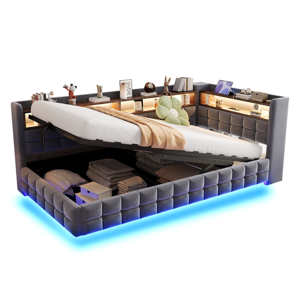 Sofa cama poltrona multifuncional 90 × 200 cm, con espacio de almacenamiento hidráulico, estante de madera, tira de luz LED, toma de corriente, conectores de carga USB y Type-C, soporte de armazón de madera, material de terciopelo gris oscuro