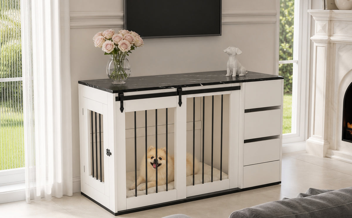 Caja para perro 2 en 1, Hoguera interior para perro, Caja para perro de madera y metal en diseño de mobiliario, como mesita de noche, para perros pequeños a medianos, 140 x 60 x 87 cm, blanca, Mesa con folio de aspecto de mármol negro