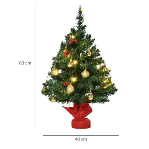 Kleiner Weihnachtsbaum, Mini-Weihnachtsbaum mit Distelbeeren, Kugeln und LED-Lichtern, Tischdekoration in Grün PVC ∅40 x 60 cm
