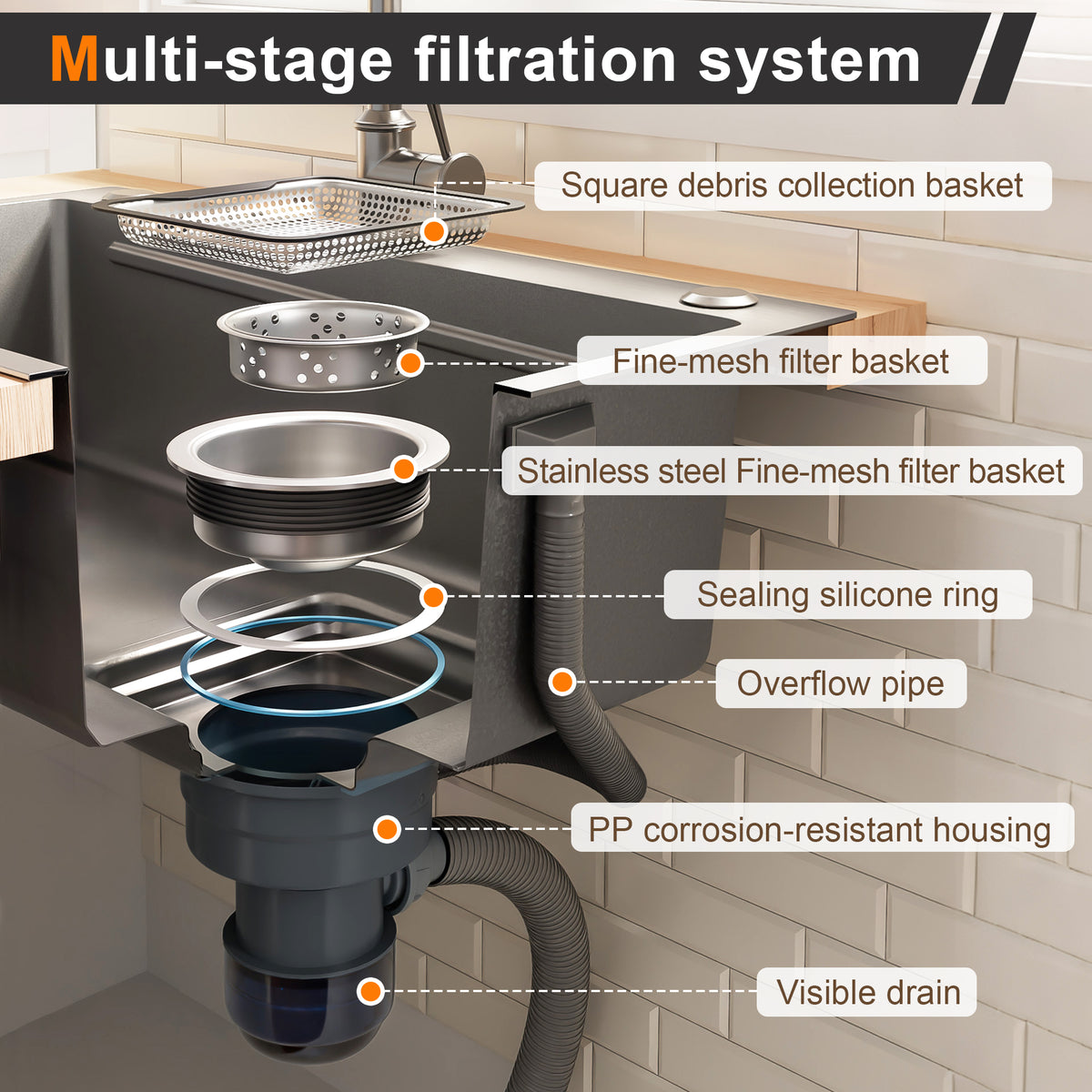 Lavabo de instalación de 75x45cm de acero inoxidable con tabla de corte, fregadero interior adicional y colador, lavabo de cocina con recubrimiento PVD, desague en cascada, construcción silenciosa y 3 tocones para accesorios