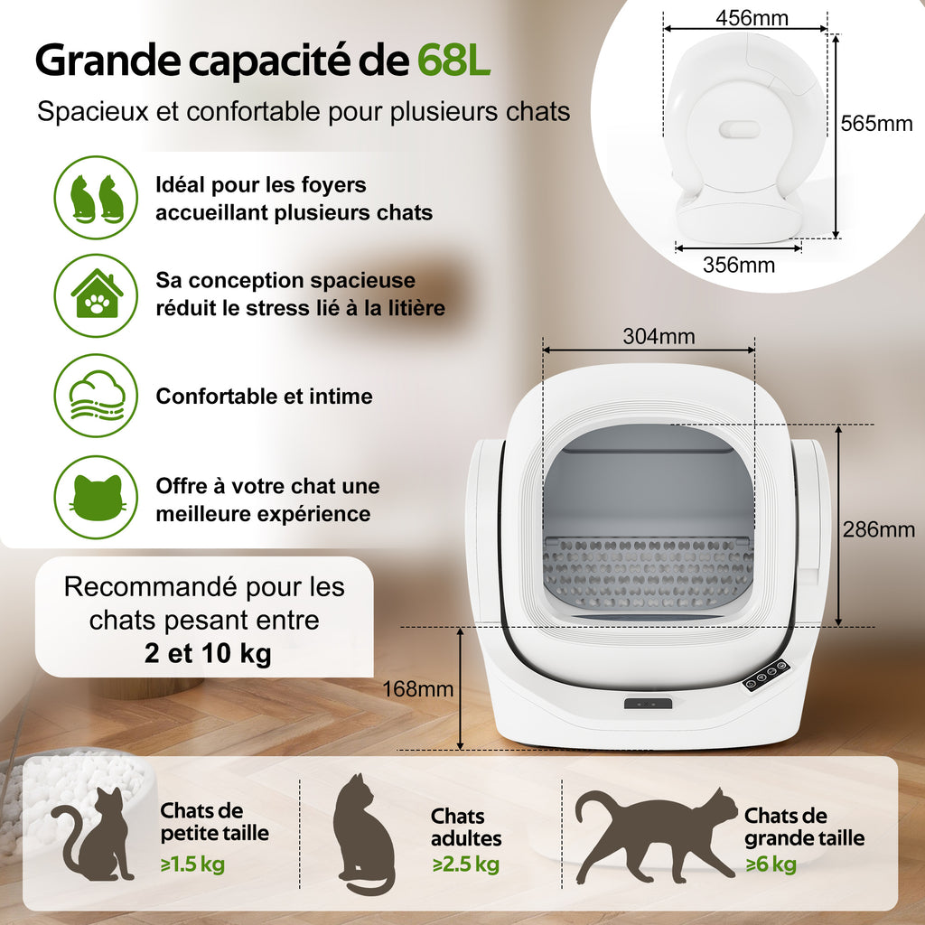 Toaleta automática inteligente para gatos con control por App, 68L de espacio interior, 8L de contenedor de desechos, caja de aromaterapia, seguridad infrarroja, para 1–2 gatos, auto - limpiante, silenciosa, segura para niños
