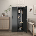 Gabinet de almacenamiento para limpieza de metal negro y esbelto con puerta cerradora, estantes y barra de colgado, organizador de utilidades de 65" de alto para cocina, despensa, oficina, taller y garaje