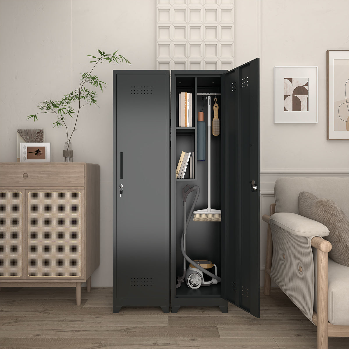 Gabinet de almacenamiento para limpieza de metal negro y esbelto con puerta cerradora, estantes y barra de colgado, organizador de utilidades de 65" de alto para cocina, despensa, oficina, taller y garaje