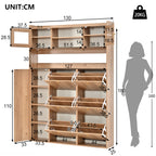 Armario de zapatillas con cristal y iluminación LED: Armario de zapatillas estrecho con 6 compartimentos inclinados y 1 puerta, ideal para economizar espacio en el pasillo y la sala, 130x25x180 cm
