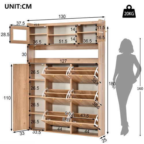 Schuhschrank mit Glas und LED-Beleuchtung: Schmaler Schuhschrank mit 6 Kippfächern und 1 Tür, ideal zum Platzsparen im Flur und Wohnzimmer, 130x25x180 cm