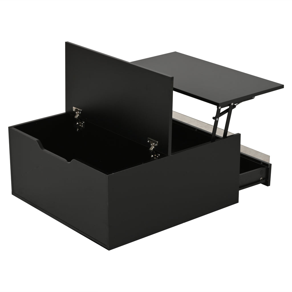 Mesón de salón de 70*70*38cm, Mesón de café elevador con tira de luz LED, Sofático con 1 cajón, Mesón auxiliar de alta brillantez con espacio de almacenamiento oculto y puertas con abertura superior, Negro