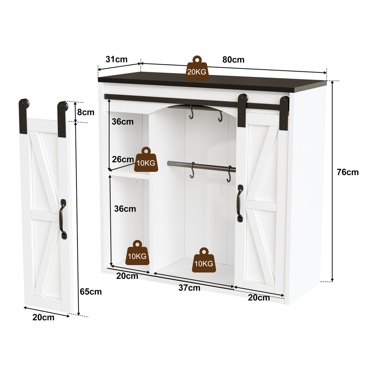 Armario de pared para la cocina con 2 puertas correderas y soportes de empotramiento ajustables, armario de pared para el almacenamiento en el salón, el baño y la lavandería, 80 × 31 × 76 cm