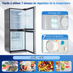 Refrigerador Minikühlschra de 106L, 60-l de capacidad de refrigeración + 46-l de capacidad de freezer, 7 ajustes de temperatura, puerta plateada + cuerpo negro, iluminación LED, cajones de empotramiento ajustables, 166 kWh/Jr, 45 dB