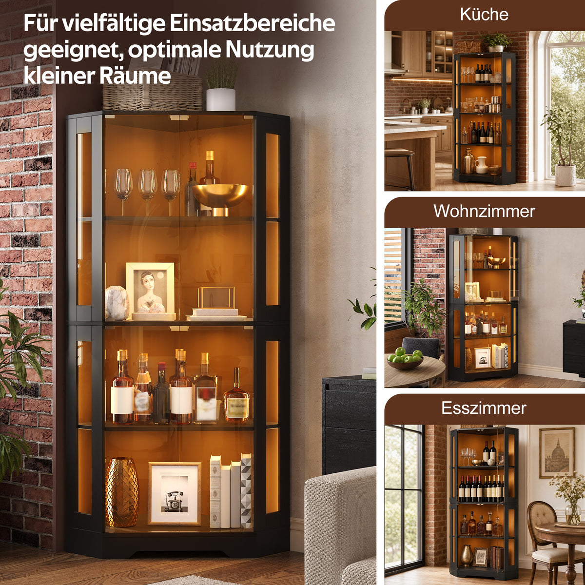 Armario vitrina de 165 cm con LED, armario lateral de cristal de seguridad de 4 niveles, moderno armario de vinos para figuras, coleccionables y vinos, para cocina y comedor