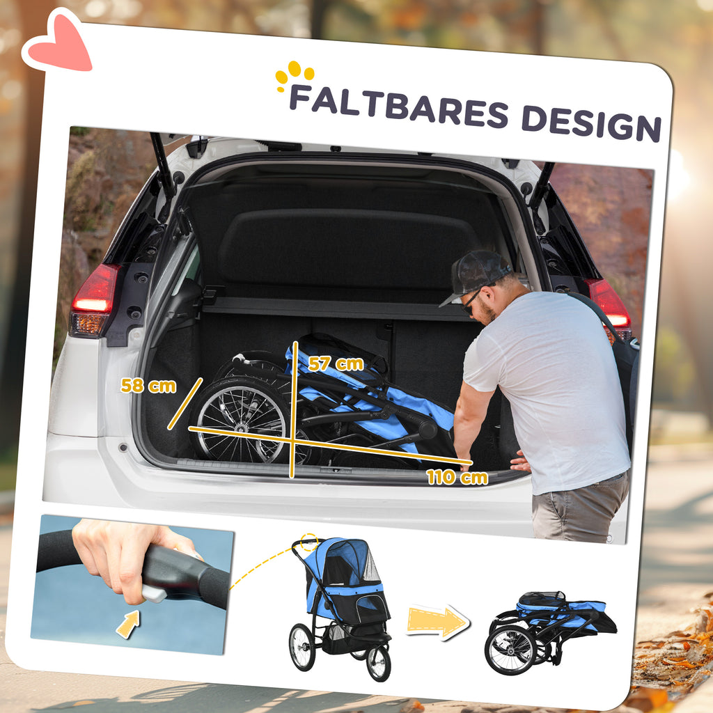 Hundebuggy, carro para perros con reflectores, plegable, cesto de almacenamiento, protección solar, ventanas de red, Oxford, azul