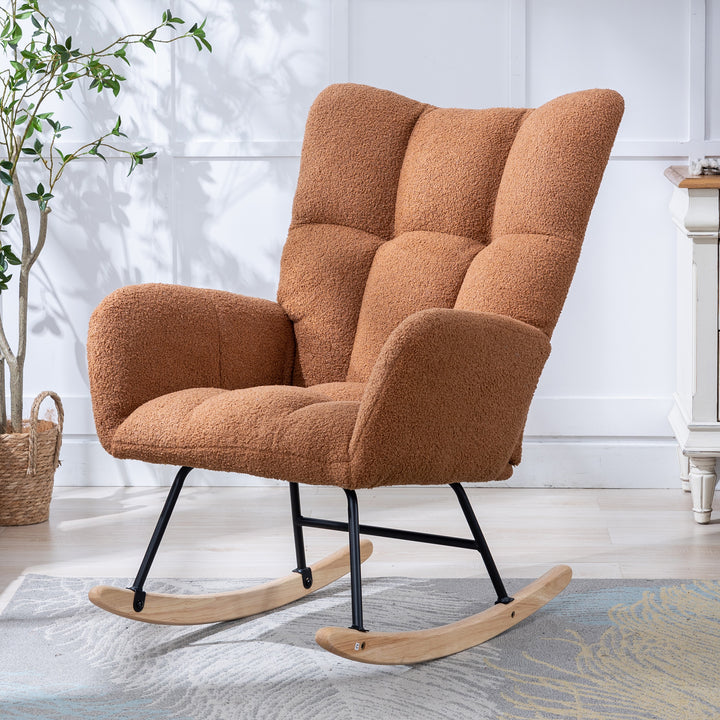Silla de rock de tela de osito con bolsillo, Silla de rock suave para el cuarto de bebé, Silla de rock con respaldo en forma de alas cómoda con base de madera sólida segura, Sala de estar, Marrón