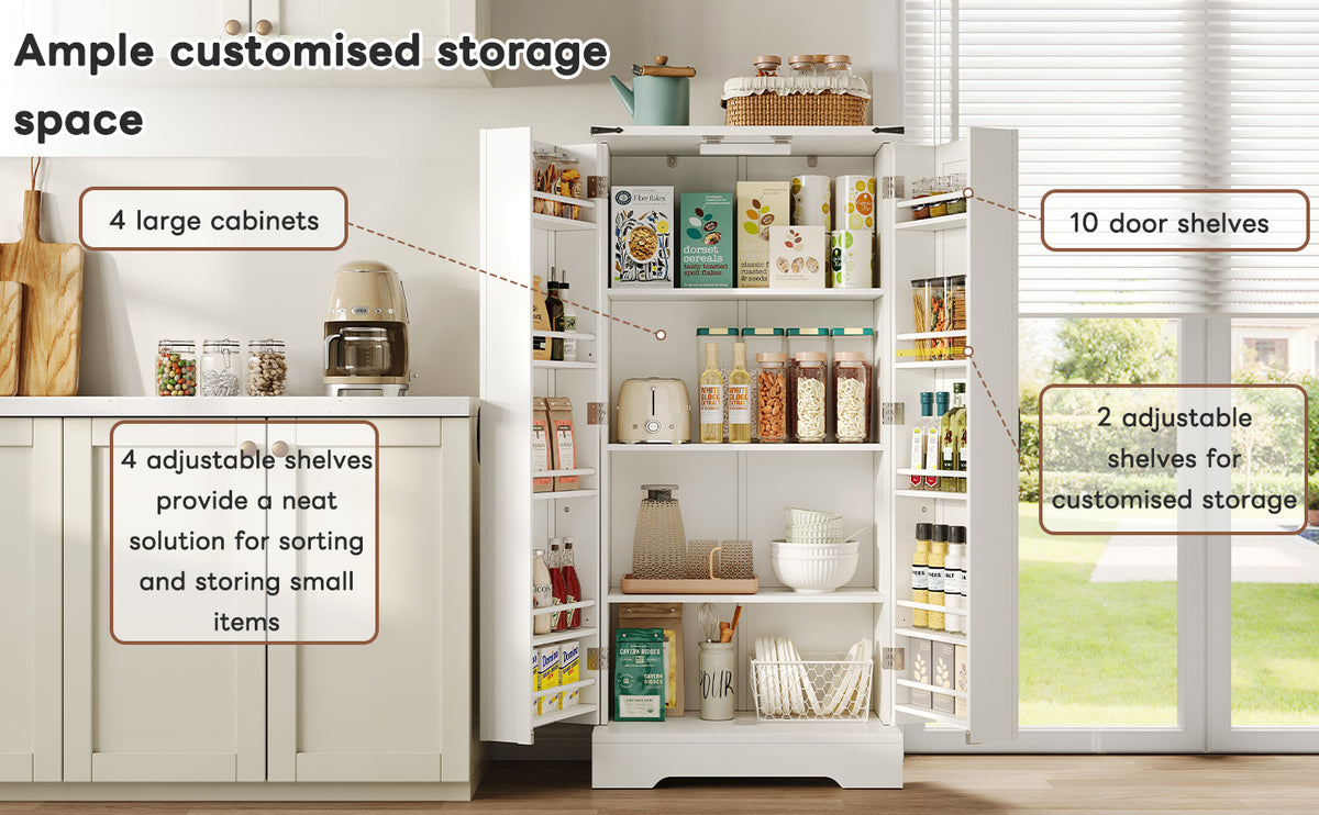 Armario de cocina de 128,5 cm, armario de almacenamiento rural – Armario de almacenamiento de alimentos con LED, con 2 puertas y estantes ajustables para pequeñas habitaciones en el comedor o el salón, estructura de presión por debajo blanca
