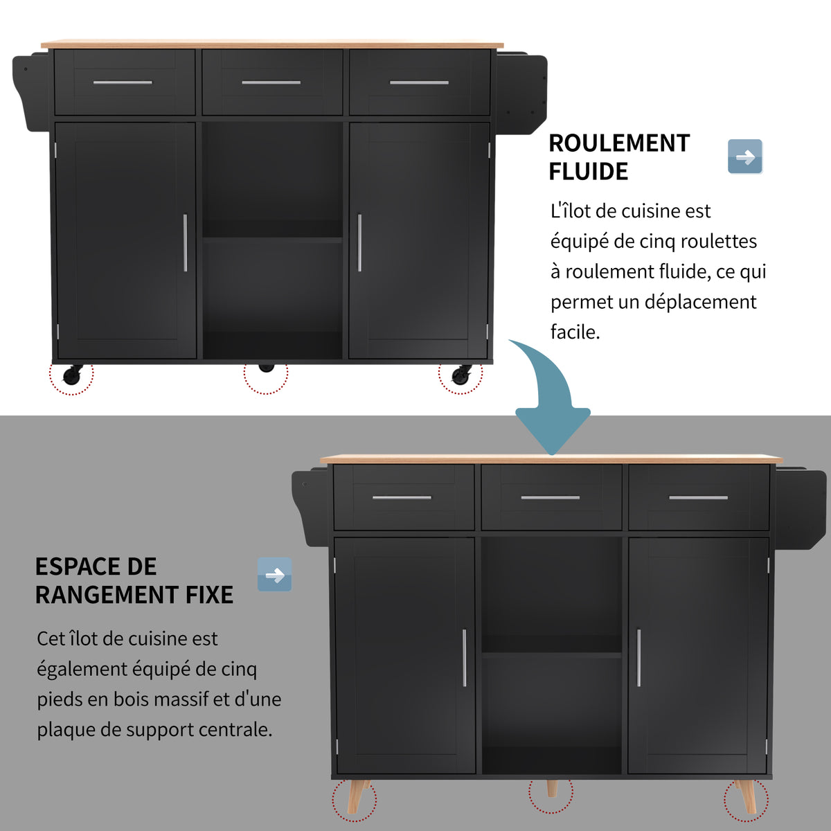 Gran carrito de cocina/armario de 139x46(71)x91,5 cm, cuerpo negro + mesilla de trabajo en madera de alta calidad, mesilla de trabajo plegable, puerta de almacenamiento, ruedas, pies de madera intercambiables, adecuado para comedor, cocina