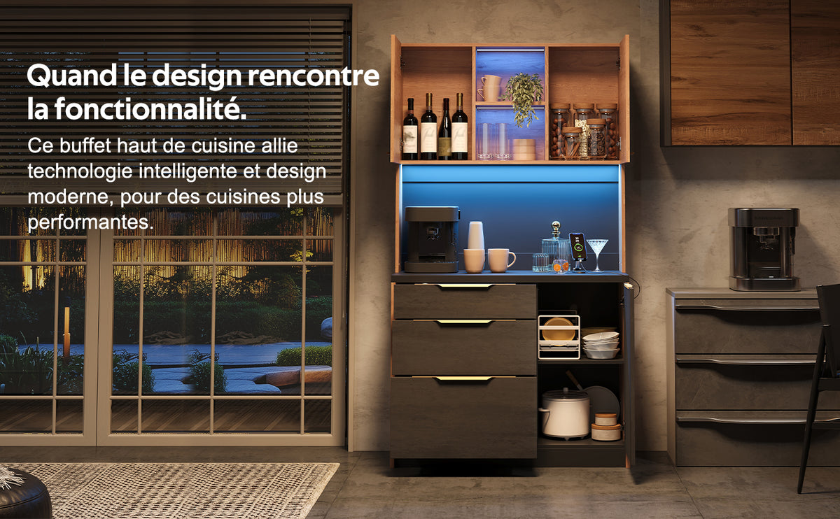 Armario alto de cocina de 100 × 40 × 180 cm, estilo betón, placa de trabajo negra, iluminación LED ajustable, toma de corriente europea, adecuado para cocinas, salones de estar, apartamentos, etc.