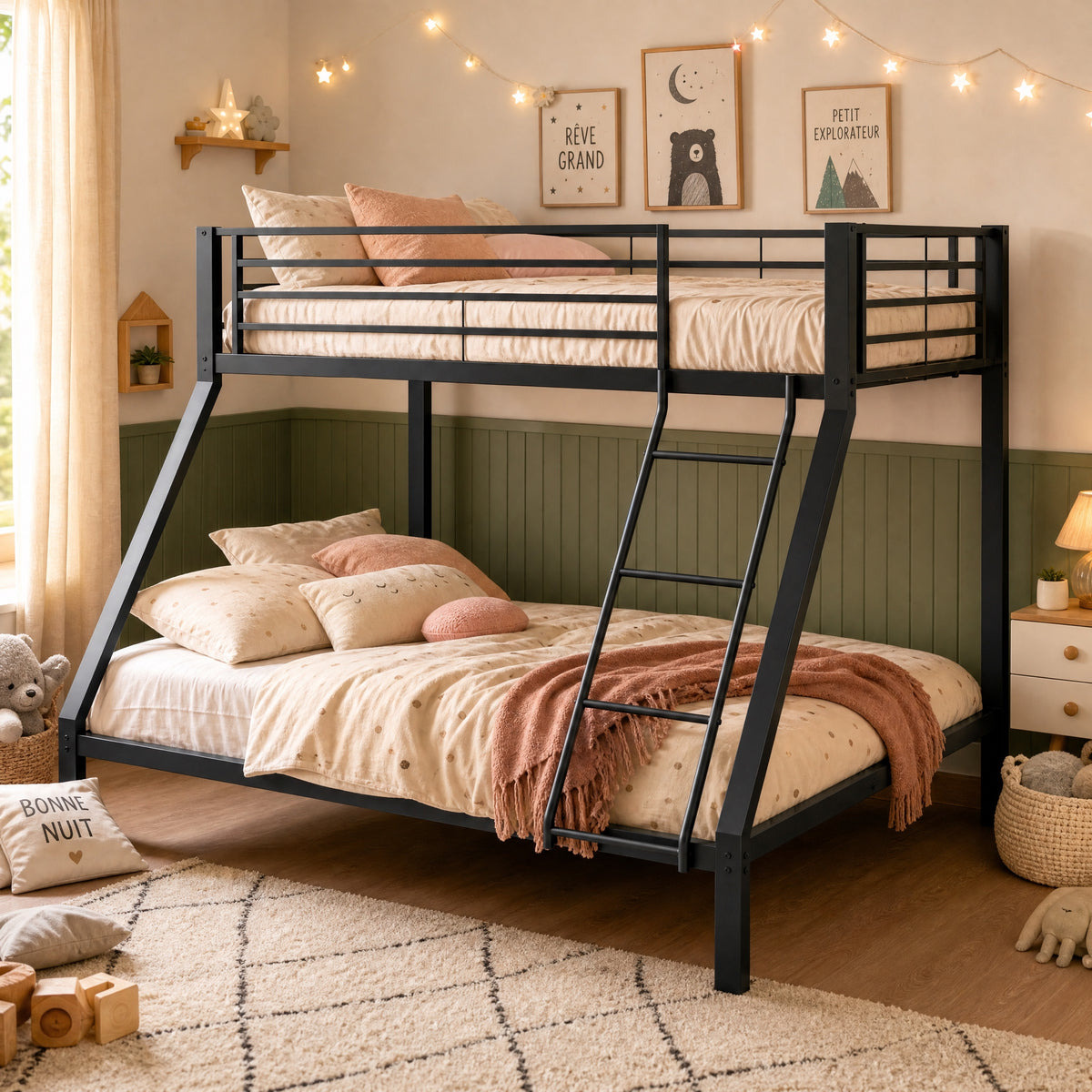 Cama bunk Metal 90/140 x 200 cm – Cama familiar y bunk con protección contra caídas, escalera segura y rejilla, construcción estable, silenciosa, para niños, jóvenes y adultos, Negro