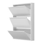 Gabinet de calzado de metal con 3 cajones volteables, organizador de calzado para la pared, estante de calzado escondido estrecho y delgado para el vestíbulo, blanco
