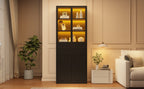 Vitrina LED de 70×34×180cm con 2 cajones, armario alto con puertas de vitrina, armario de salón con LED, armario para el salón, cocina, oficina, entrada, negro