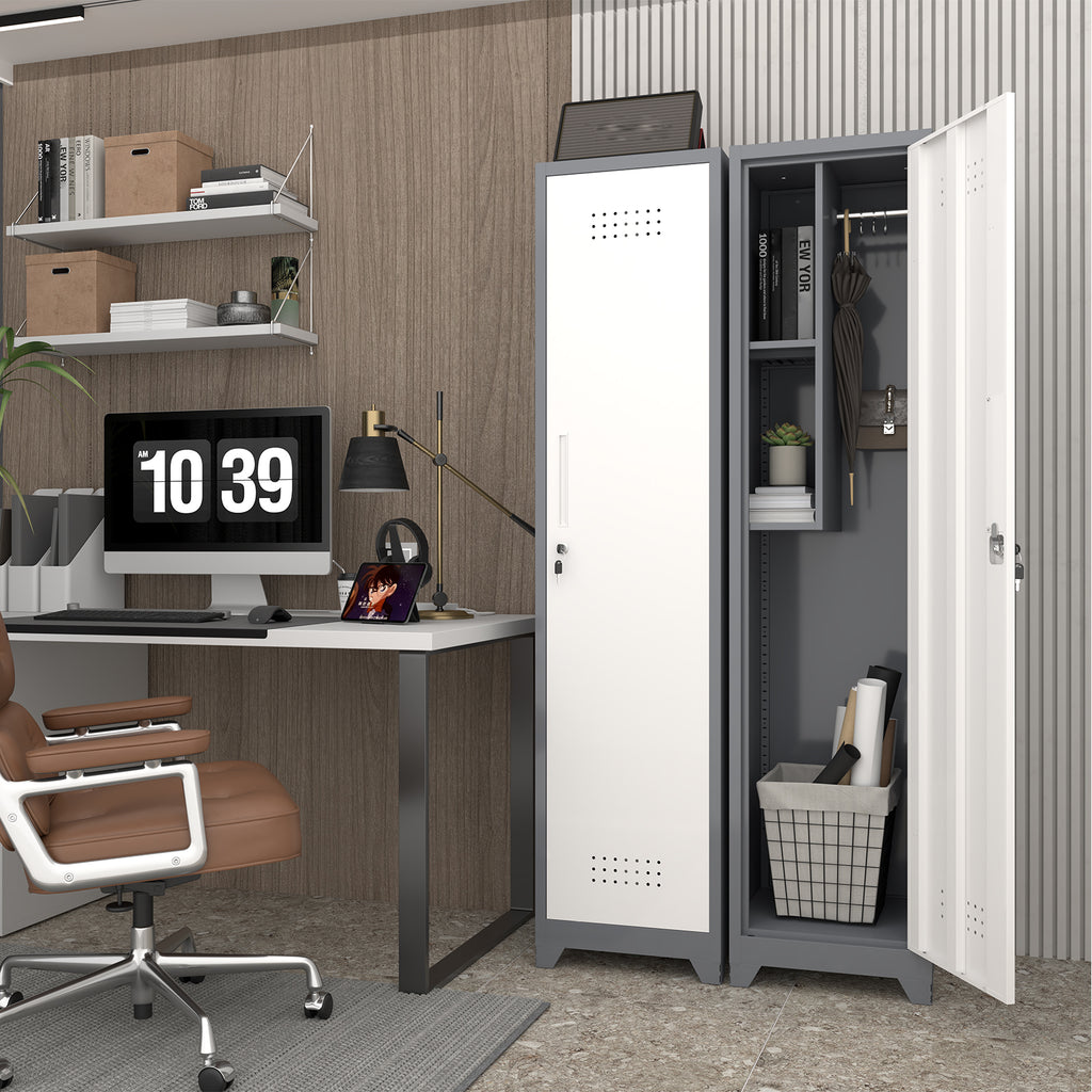 Gabinet de almacenamiento para limpieza de metal esbelto con puerta cerradora, estantes y barra de colgado, 65" de alto, organizador de utilidades para cocina, despensa, oficina, taller y garaje